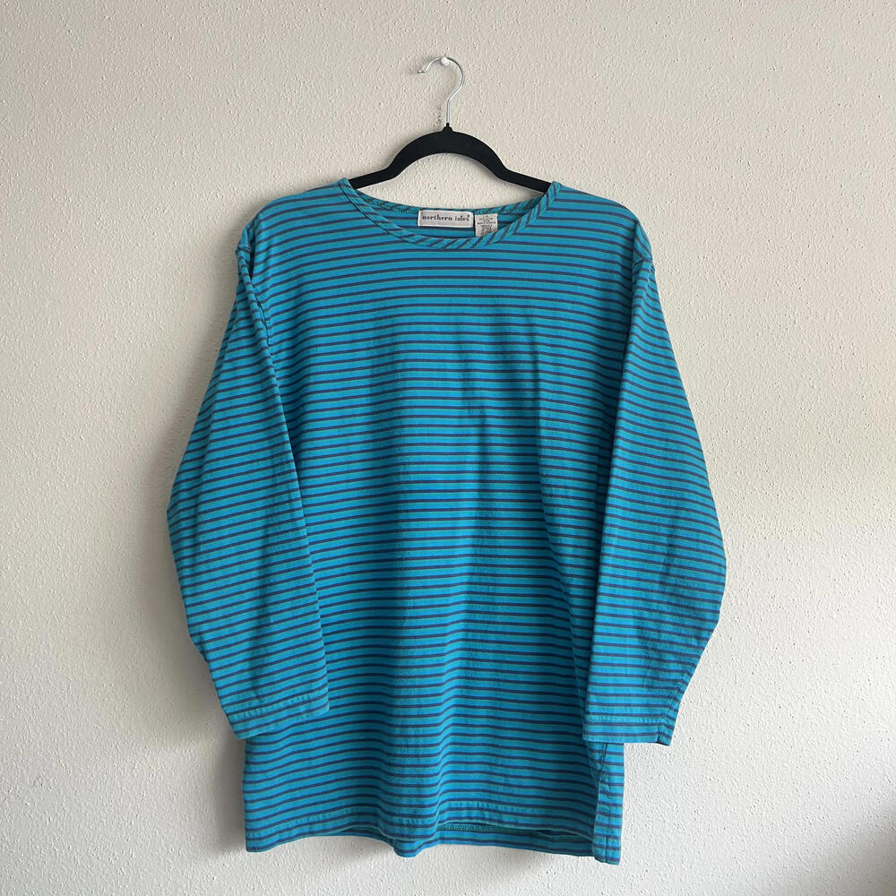 Northern Isle Long Sleeve Top Large Blue Striped Artsy Indie Cotton Size L